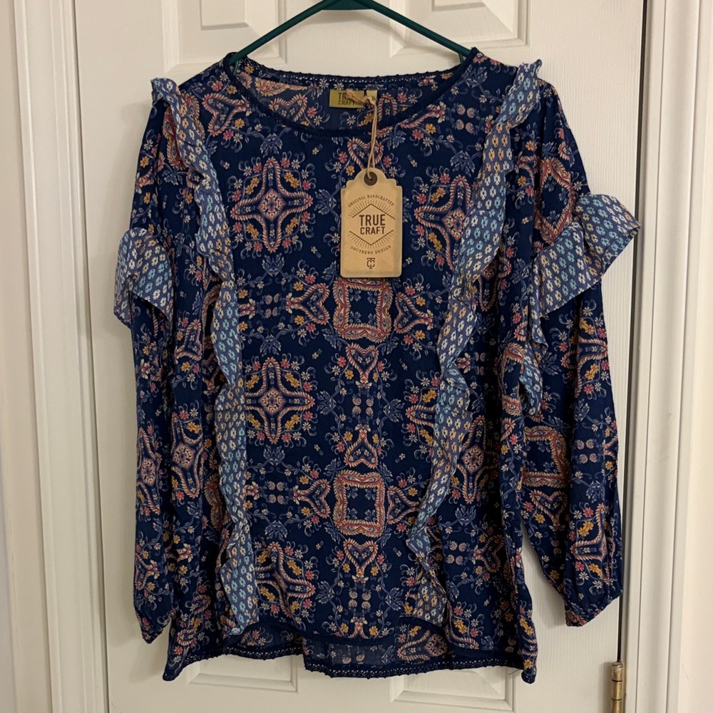 True Craft Women's Navy and Pink Patterned Blouse